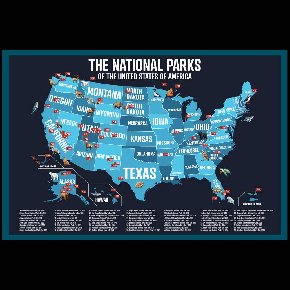 USA National Park Map - 63 Parks with Animals