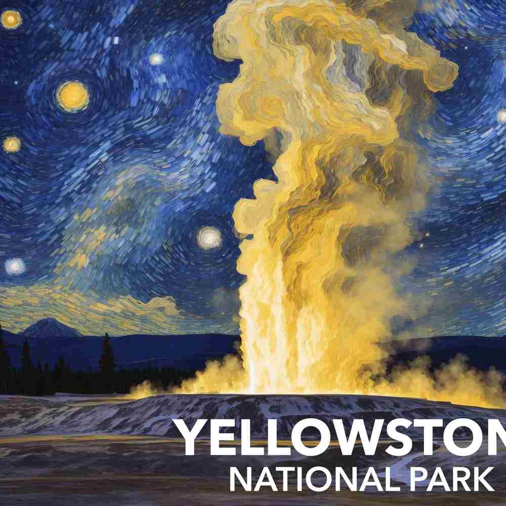 Yellowstone National Park Poster - Old Faithful Geyser. Van Gogh Starry Night