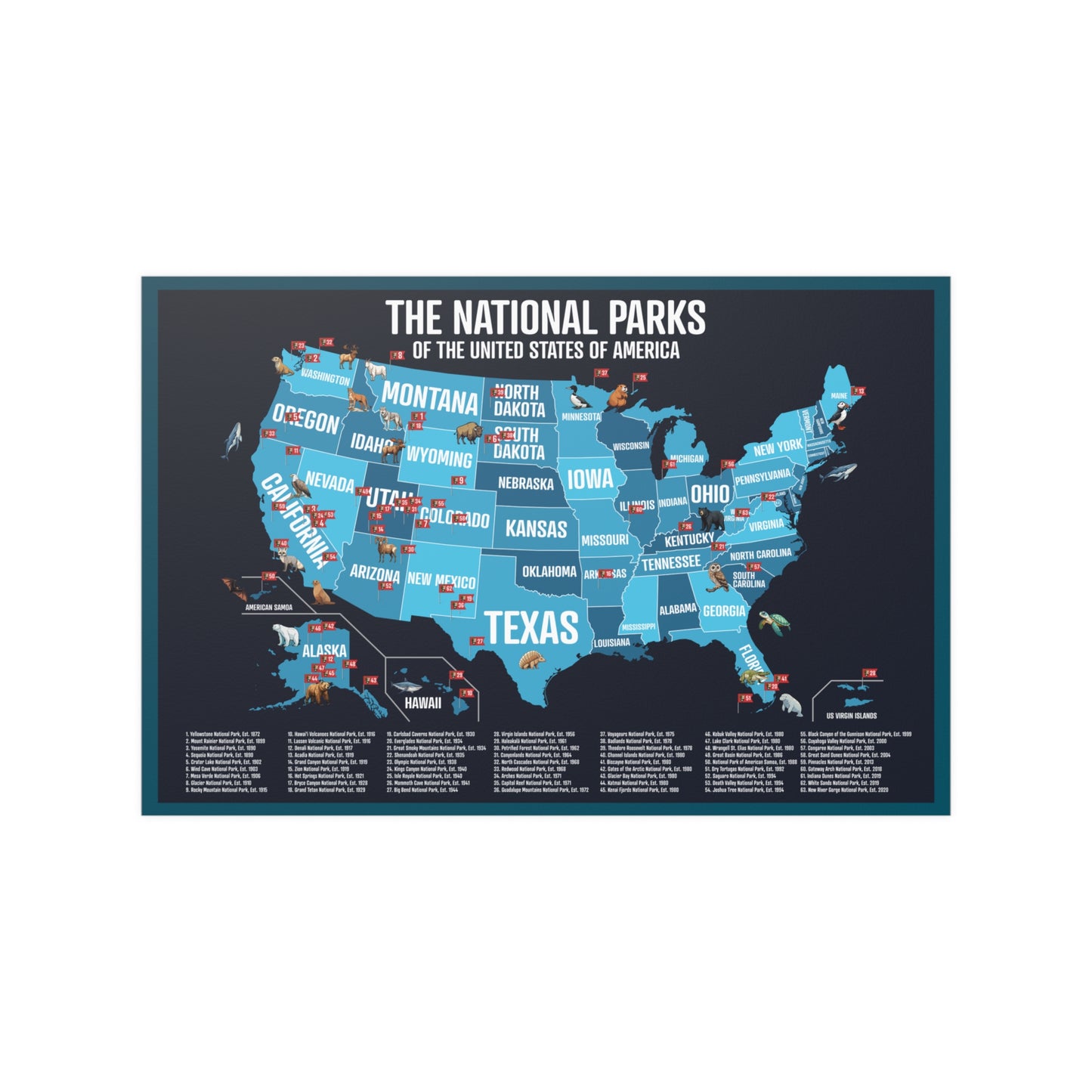 USA National Park Map - 63 Parks with Animals