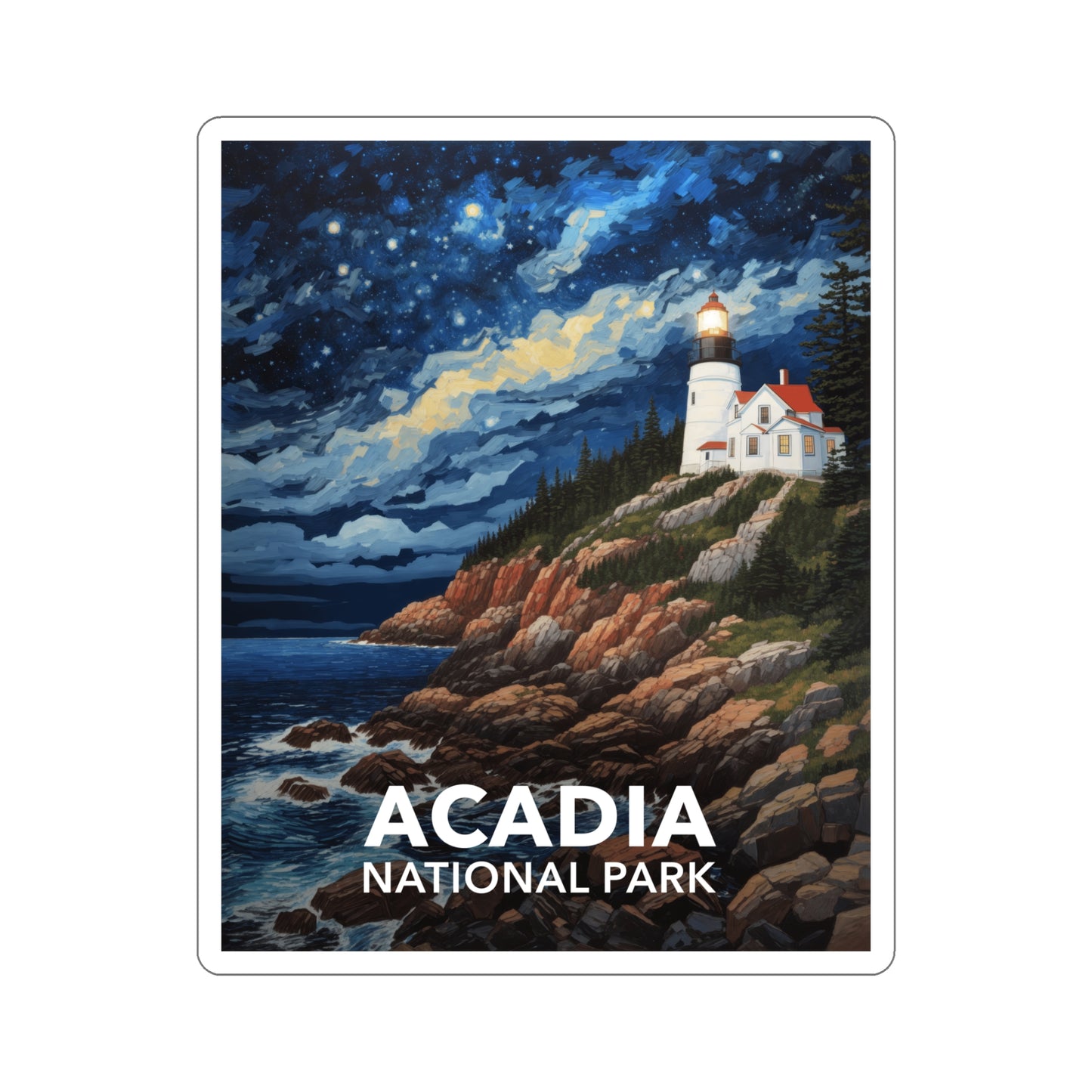 Acadia National Park Sticker - Starry Night Lighthouse