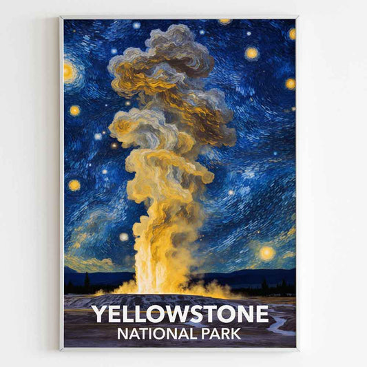Yellowstone National Park Poster - Old Faithful Geyser. Van Gogh Starry Night
